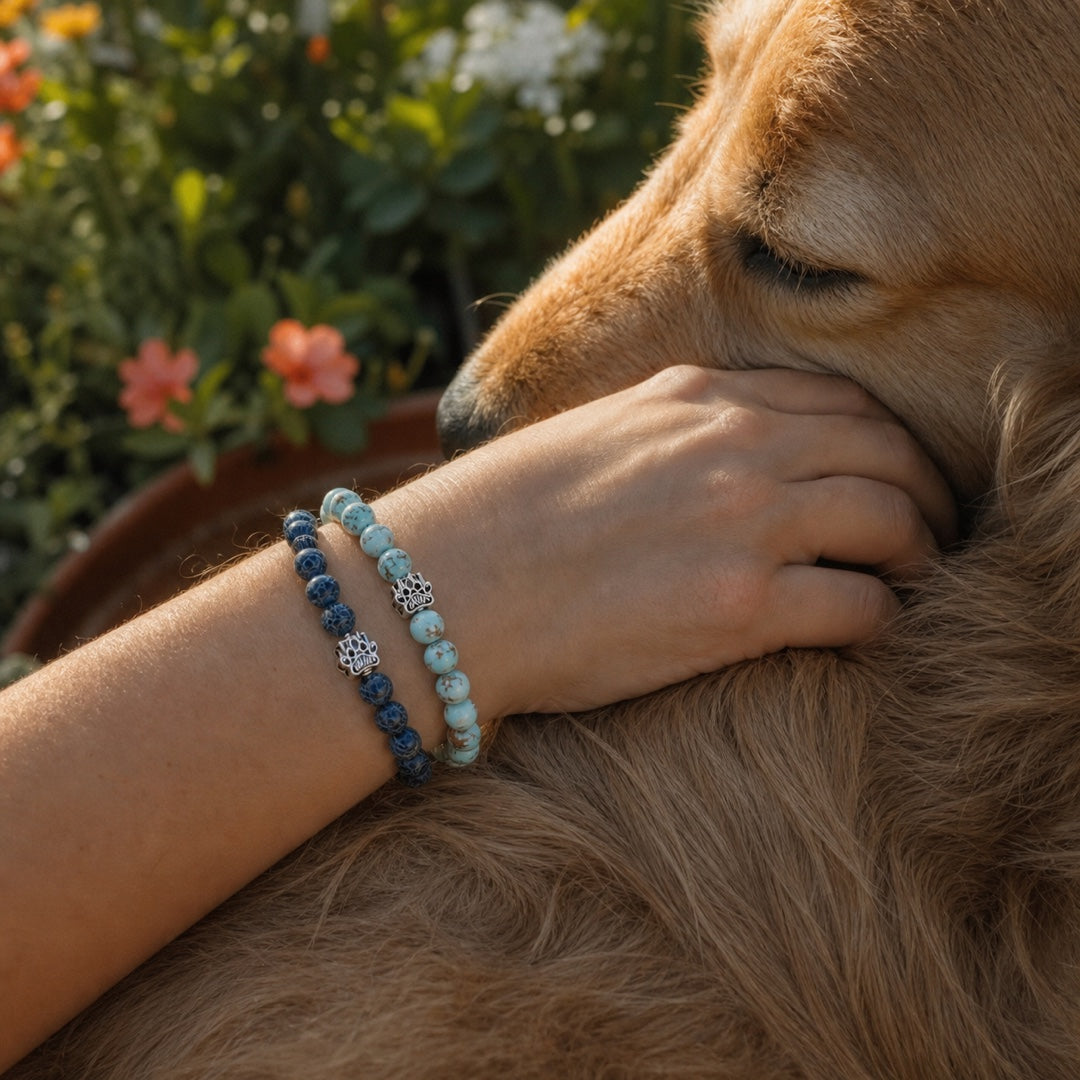 Two natural-stone Paw Pledge bracelets worn while cuddling a golden retriever